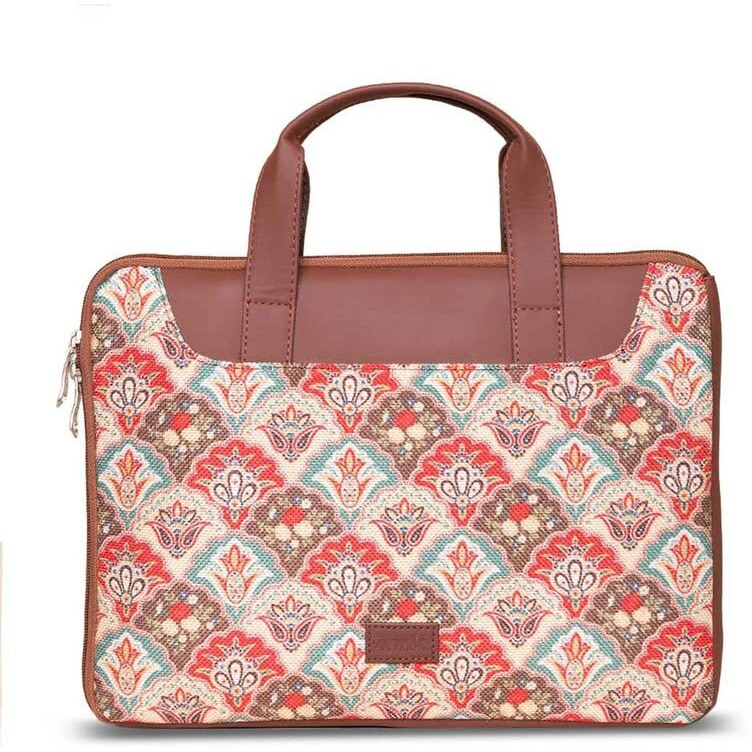 ZOUK Mughal Art Multicolor Motif Printed Women's Jute Handcrafted Vegan Leather Multicolor L Zipper Laptop Sleeve 15.6 inch