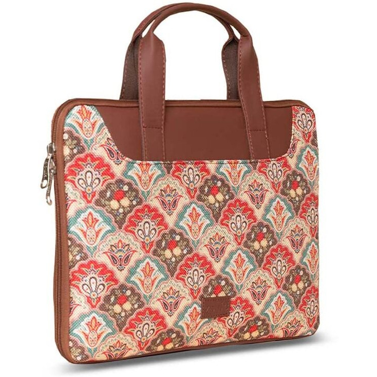 ZOUK Mughal Art Multicolor Motif Printed Women's Jute Handcrafted Vegan Leather Multicolor L Zipper Laptop Sleeve 15.6 inch