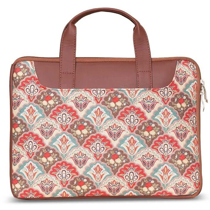 ZOUK Mughal Art Multicolor Motif Printed Women's Jute Handcrafted Vegan Leather Multicolor L Zipper Laptop Sleeve 15.6 inch