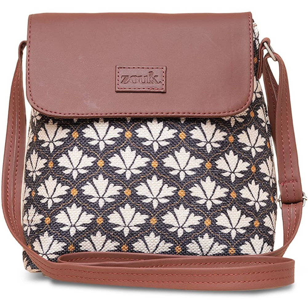 ZOUK Bidri Kaiser Motif Printed Women's Hand Crafted Vegan Leather Black and White Flap Sling Bag
