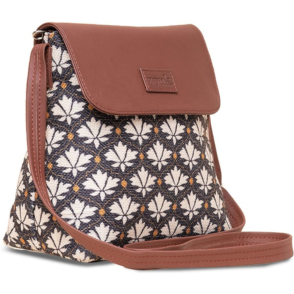 ZOUK Bidri Kaiser Motif Printed Women's Hand Crafted Vegan Leather Black and White Flap Sling Bag