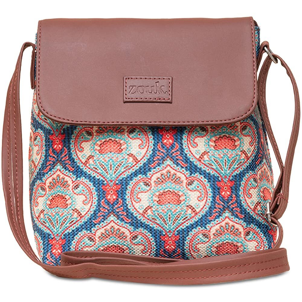ZOUK Kovil Blue Motif Printed Women's Hand Crafted Vegan Leather Blue Flap Sling Bag