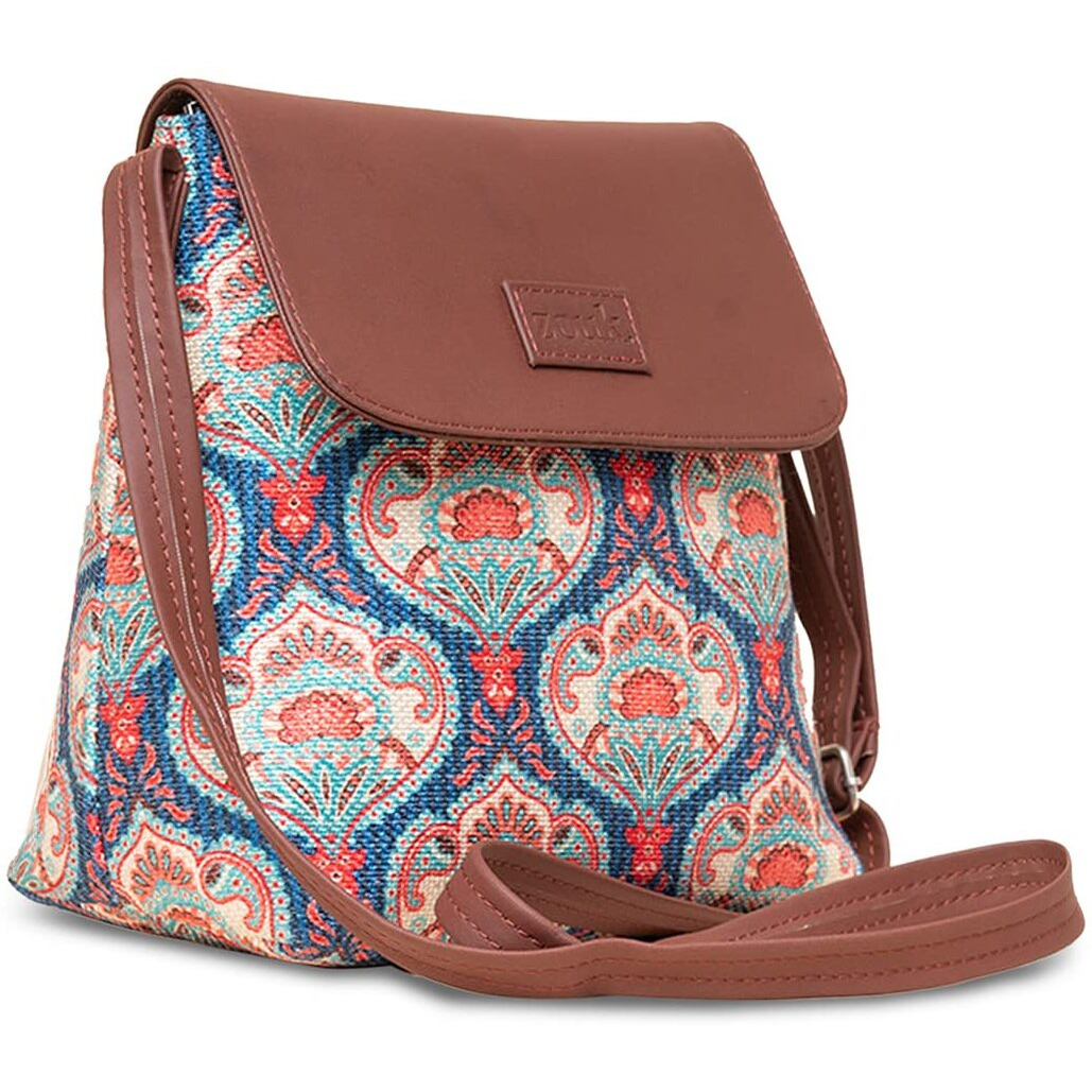 ZOUK Kovil Blue Motif Printed Women's Hand Crafted Vegan Leather Blue Flap Sling Bag