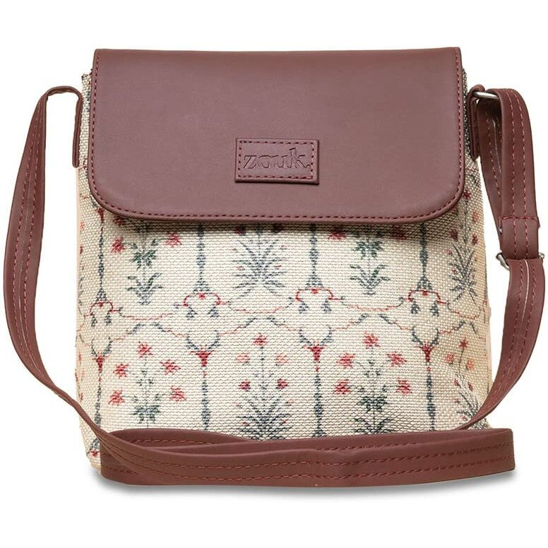 ZOUK Taj Nakashi Motif Printed Women's Hand Crafted White Flap Sling Bag
