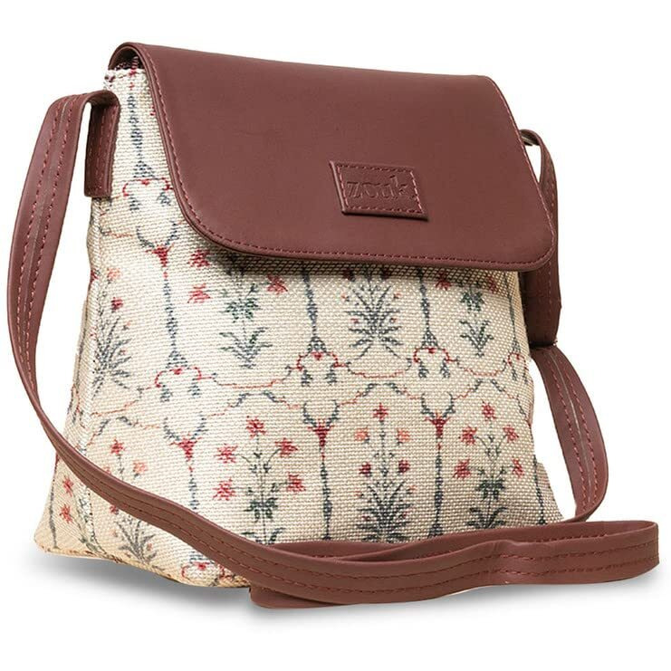ZOUK Taj Nakashi Motif Printed Women's Hand Crafted White Flap Sling Bag