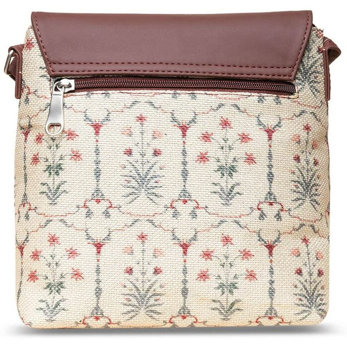 ZOUK Taj Nakashi Motif Printed Women's Hand Crafted White Flap Sling Bag