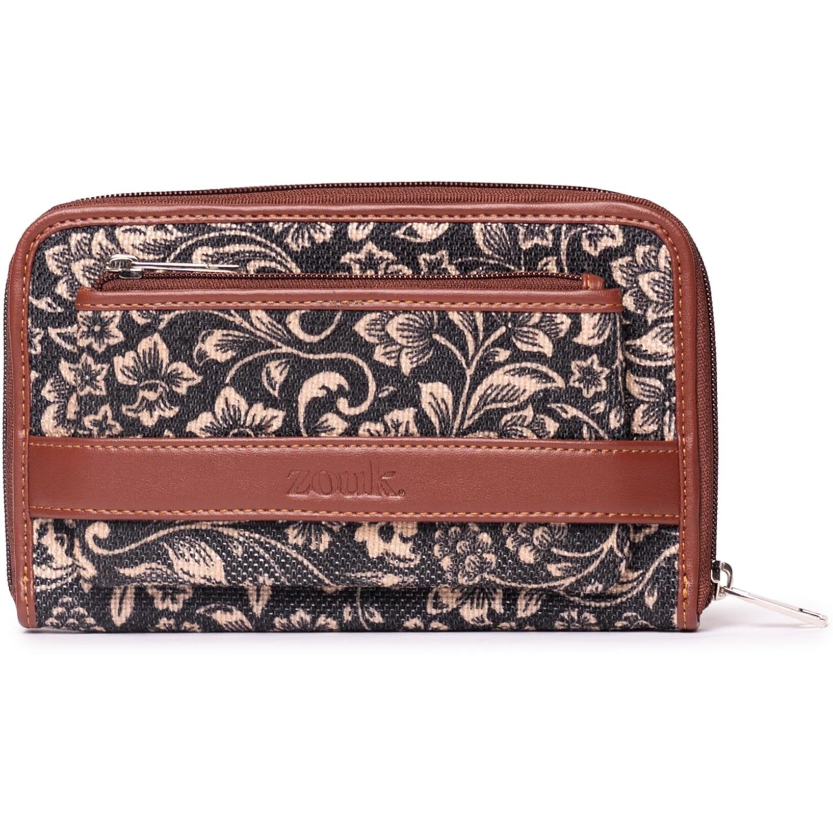 ZOUK Fabric Vegan Leather and Jute with Mobile Phone Pocket FloMotif Print Handmade Classic Women's Wallet (Brown)