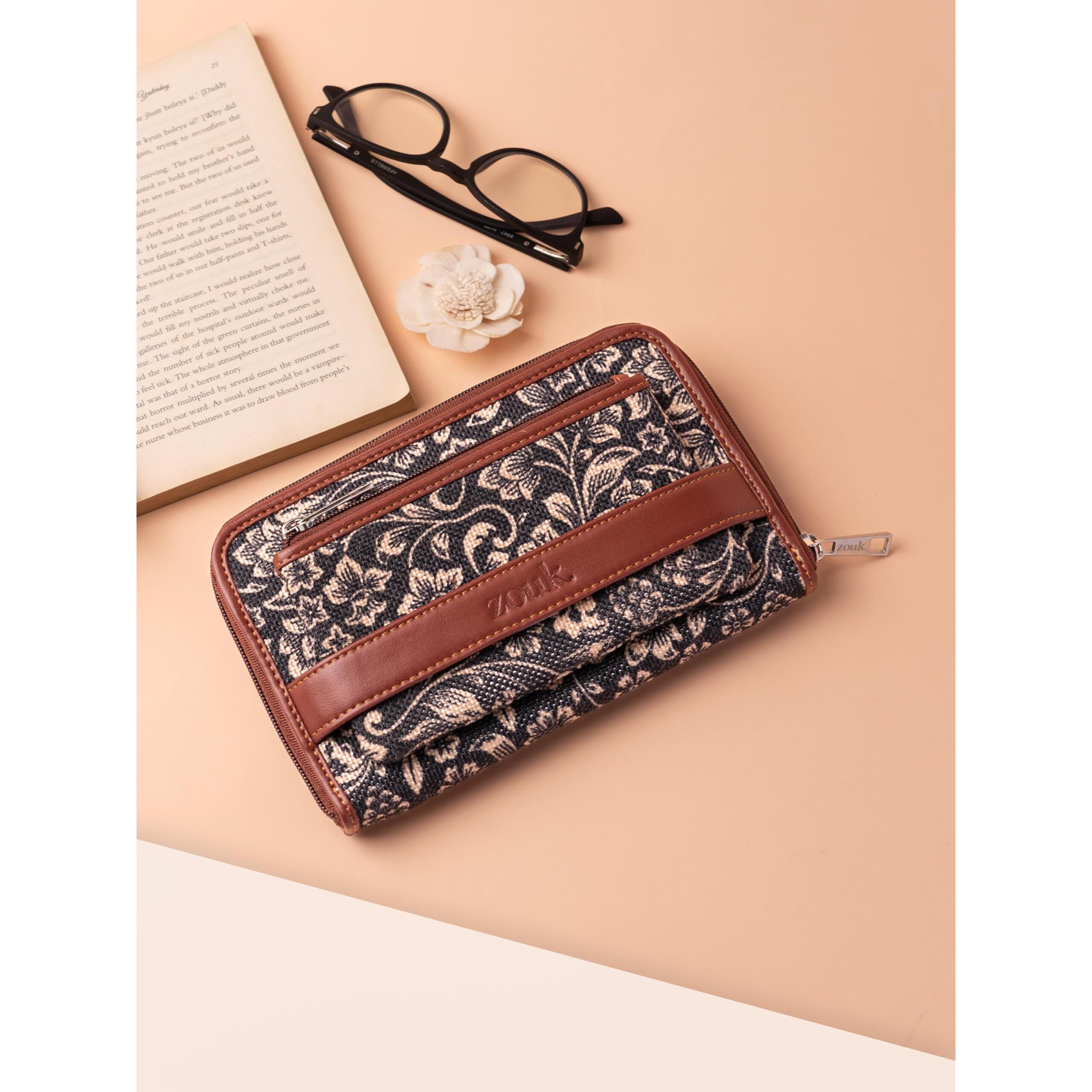 ZOUK Fabric Vegan Leather and Jute with Mobile Phone Pocket FloMotif Print Handmade Classic Women's Wallet (Brown)
