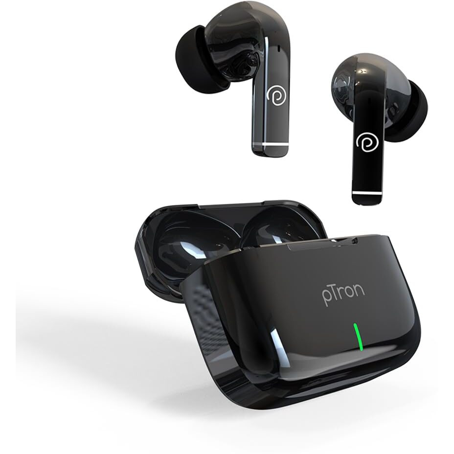 pTron Basspods P251+ In-Ear TWS Earbuds with 50H Playtime, 12mm Drivers, TruTalk AI-ENC Calls, HD Mic, Movie Mode, Touch Controls, Bluetooth 5.1 Wireless Headphones, Type C Fast Charging & IPX4(Black)