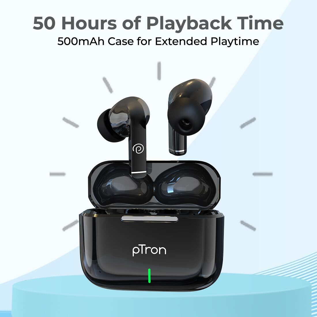 pTron Basspods P251+ In-Ear TWS Earbuds with 50H Playtime, 12mm Drivers, TruTalk AI-ENC Calls, HD Mic, Movie Mode, Touch Controls, Bluetooth 5.1 Wireless Headphones, Type C Fast Charging & IPX4(Black)