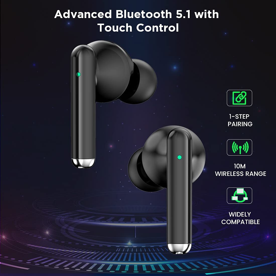 pTron Bassbuds Pixel In-Ear TWS Earbuds, HD Mic for Stereo Calls, Pristine Sound, 50ms Low Latency Movie/Gaming Modes, 35H Playtime,Bluetooth V5.1 Wireless Headphones,Touch Control & IPX4(Pearl Black)