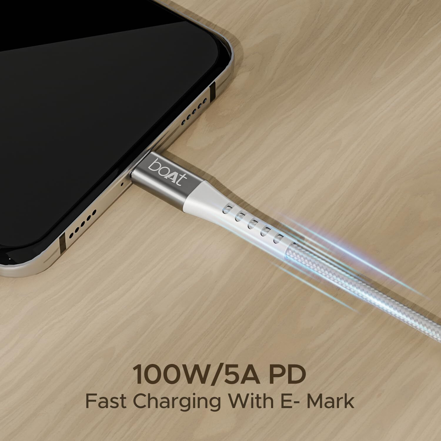 boAt Type-C C600 Tangle-Free, Sturdy Cable w/ 100W/5A Fast Charging & 10Gbps Data Transmission, 10000+ Bends Lifespan and Extended 1.5m Length,Compatible w/Xiaomi, Oneplus, Samsung, Vivo & Oppo(White)