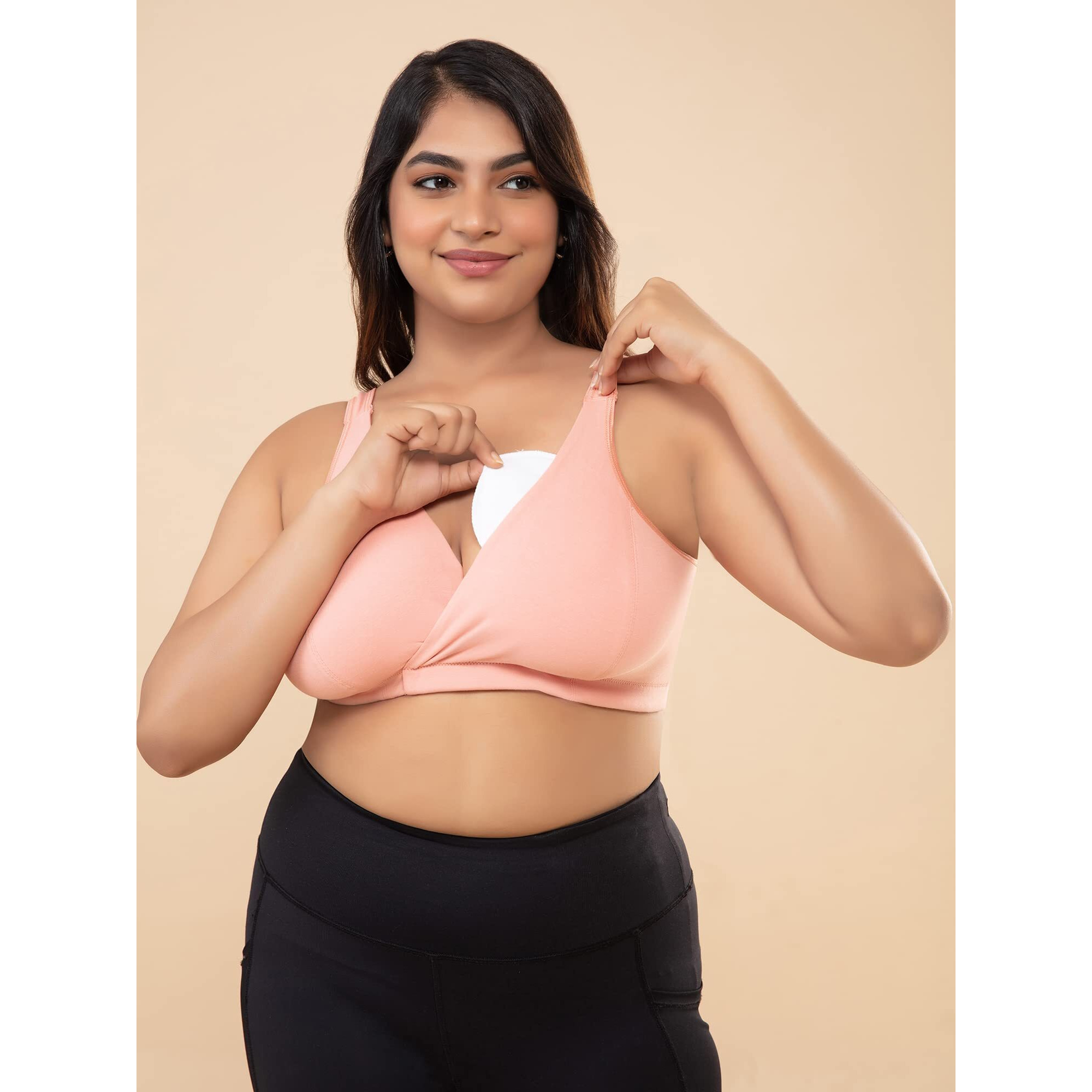 NYKD Cotton Maternity Bra for Women Nursing/Feeding - Non-Padded, Non-Wired, Full Coverage (with Adjustable Straps) Bra, NYB129, Pink, M, 1N