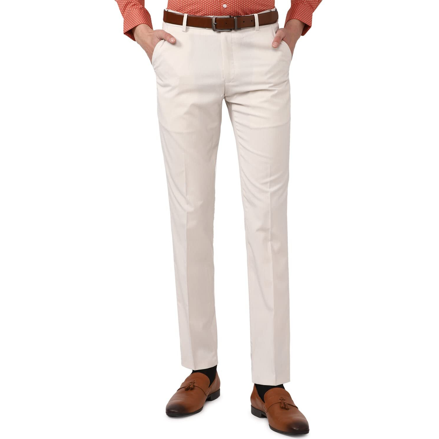 Peter England Men's Slim Fit Solid Formal Trouser Off White
