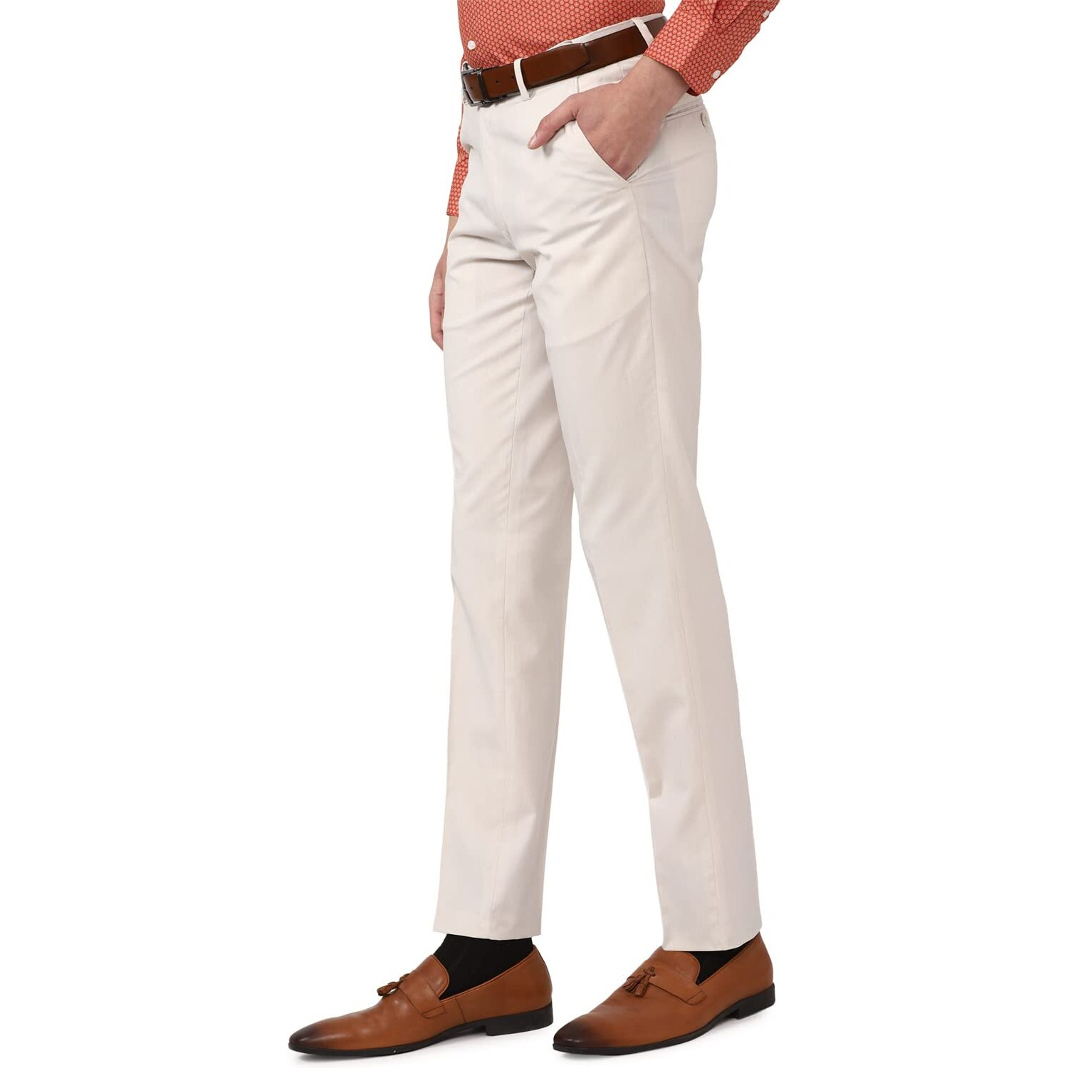 Peter England Men's Slim Fit Solid Formal Trouser Off White