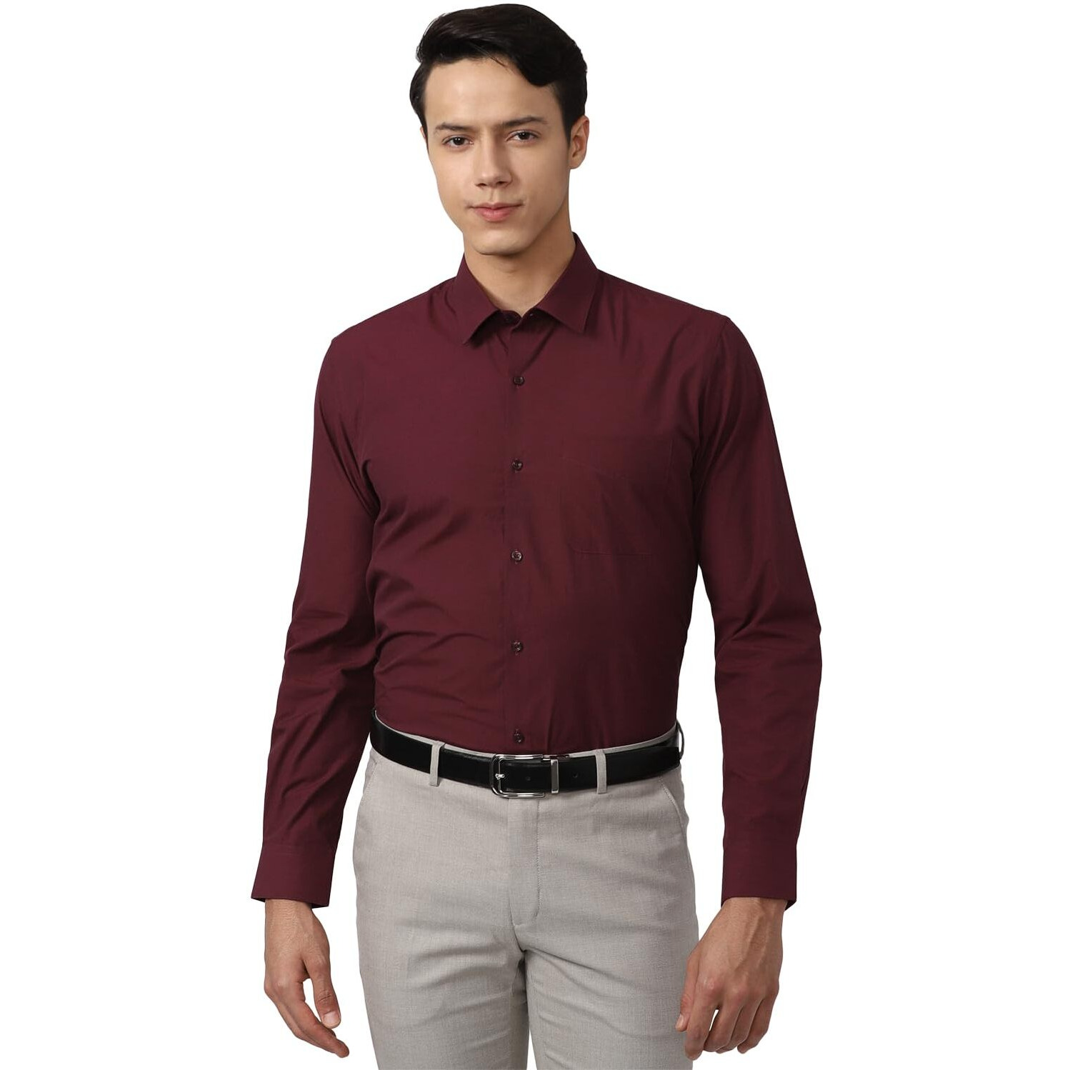 Peter England Men's Everyday Solid Slim Fit Full Sleeve Formal Shirt | Cotton-Rich Dark Maroon