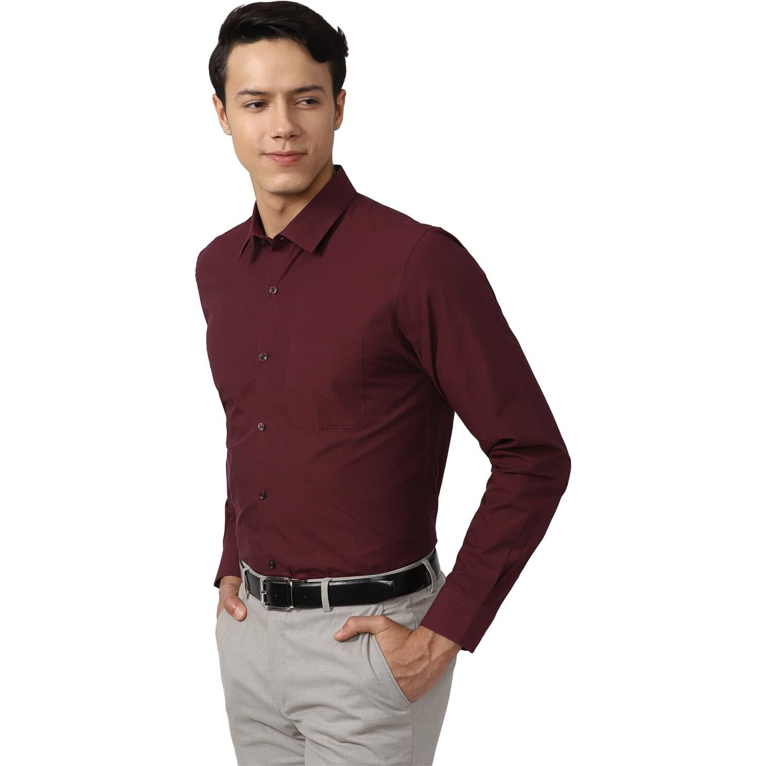 Peter England Men's Everyday Solid Slim Fit Full Sleeve Formal Shirt | Cotton-Rich Dark Maroon