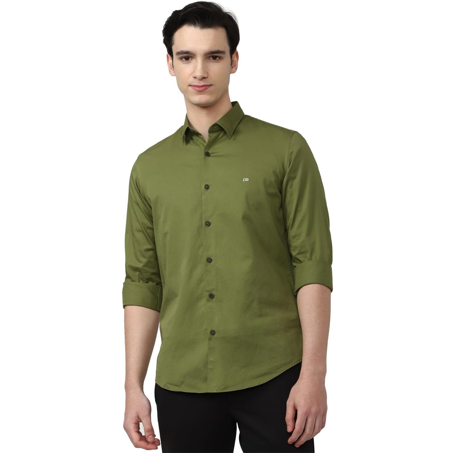 Peter England Solid Slim Fit Full Sleeve Casual Shirt | 100% Cotton Dark Olive