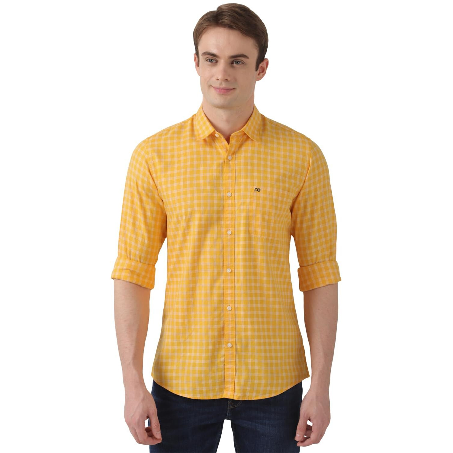 Peter England Men's Slim Fit Full Sleeve Checkered Casual Shirt | 100% Cotton | Premium Twill Weave Gold