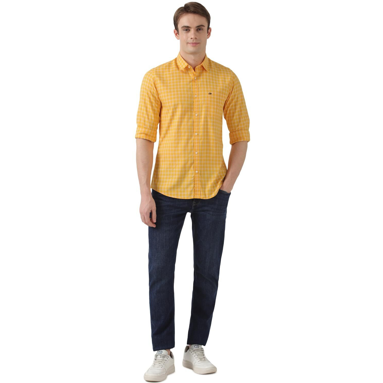 Peter England Men's Slim Fit Full Sleeve Checkered Casual Shirt | 100% Cotton | Premium Twill Weave Gold