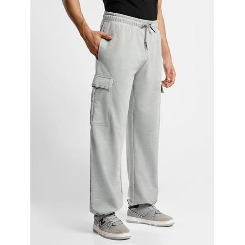 NOBERO Men's Grey Onyx Mid-Waist Straight Fit Cotton Elasticated Joggers with Utility Box Pockets,Grey,Men-XXL