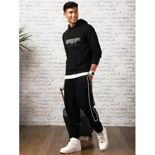 NOBERO Men's Cotton Blend Neck Hooded Regular Fit Sweatshirt (1M-TWHO-C0681_Black (Large)