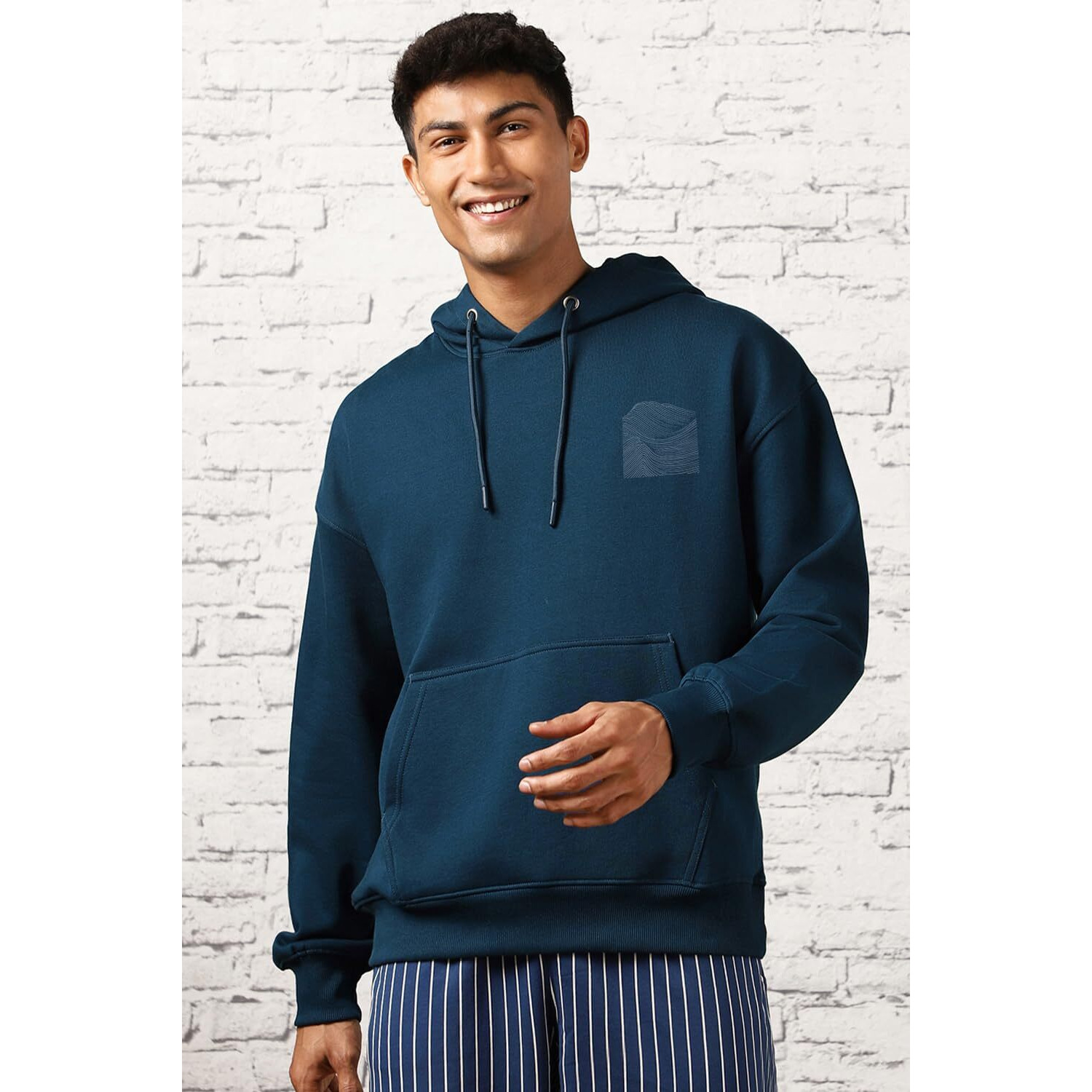 NOBERO Men's Cotton Neck Hooded Oversized Fit Sweatshirt (1M-TWRH-C0737_Navy Blue 2, X_Large)