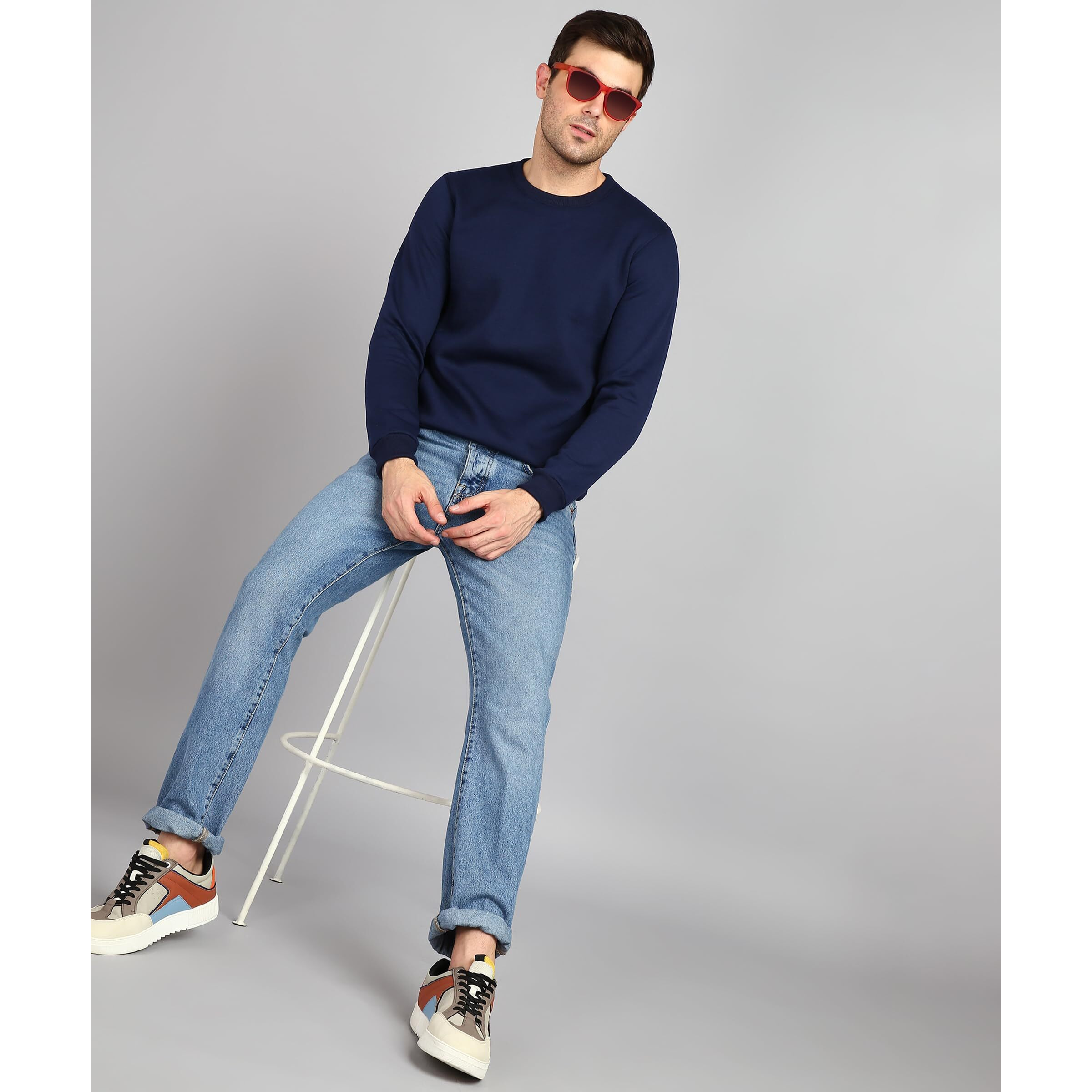 Neostreak Men's Fleece Round Neck Regular Sweatshirt (neoswtsol-01-irnavy_Navy Blue_L)