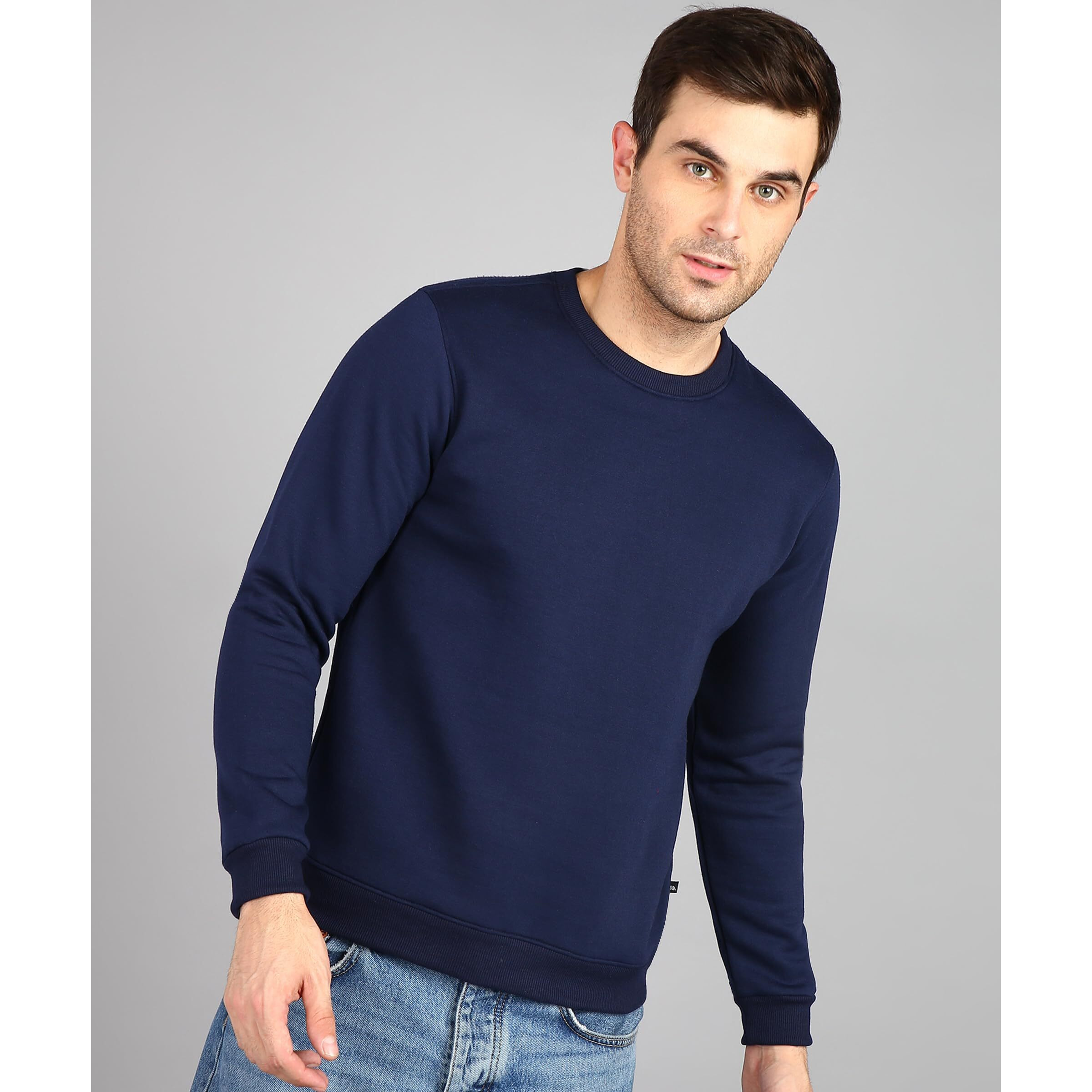 Neostreak Men's Fleece Round Neck Regular Sweatshirt (neoswtsol-01-irnavy_Navy Blue_L)