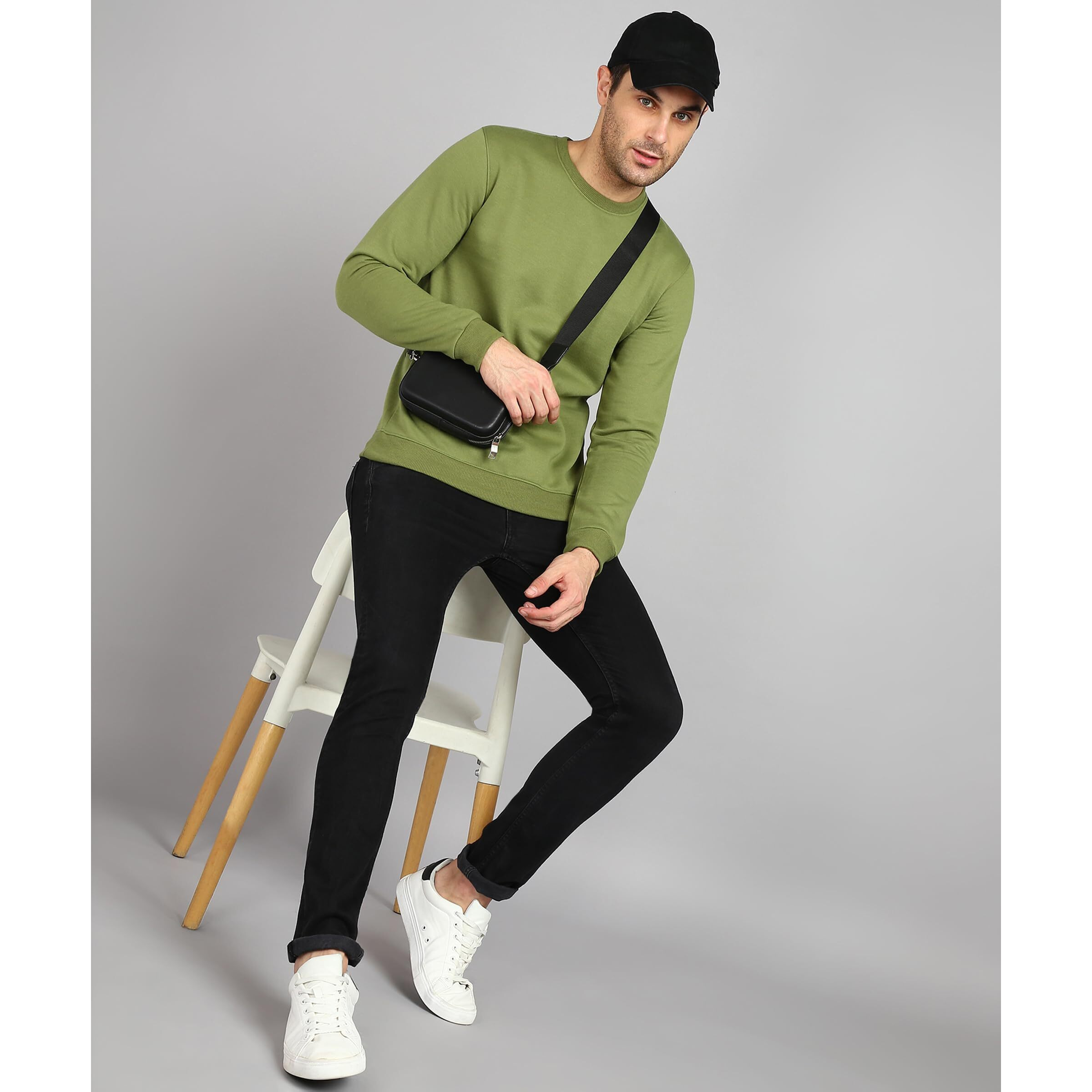 Neostreak Men's Regular Fleece Round Neck Sweatshirt (neoswtsol-01-ptolve_Olive_L)