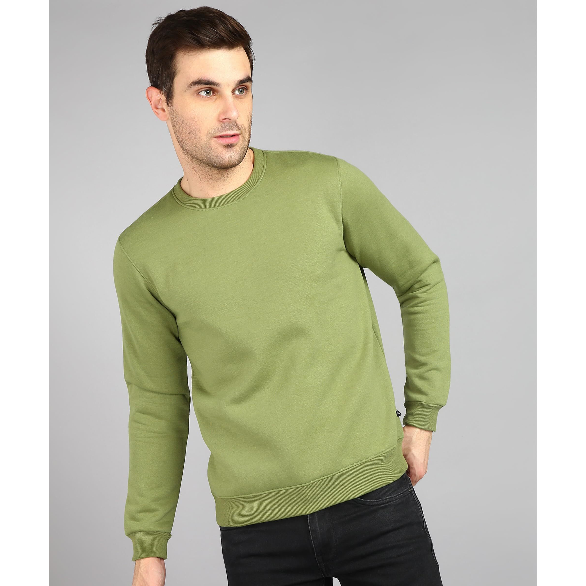 Neostreak Men's Regular Fleece Round Neck Sweatshirt (neoswtsol-01-ptolve_Olive_L)