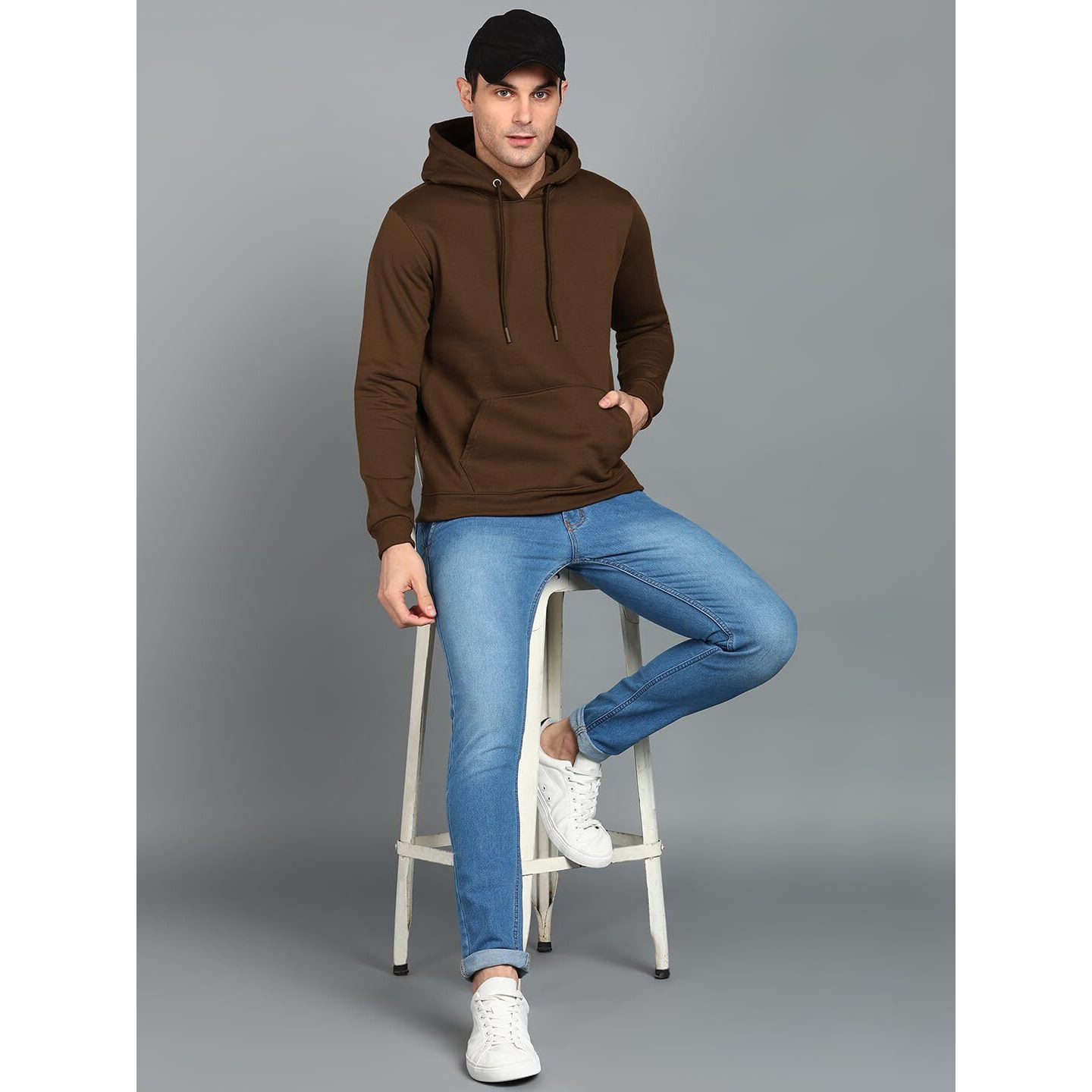 Neostreak Men's Fleece Hooded Neck Sweatshirt (neoswtsolhd-02-chkbro_Brown_L)