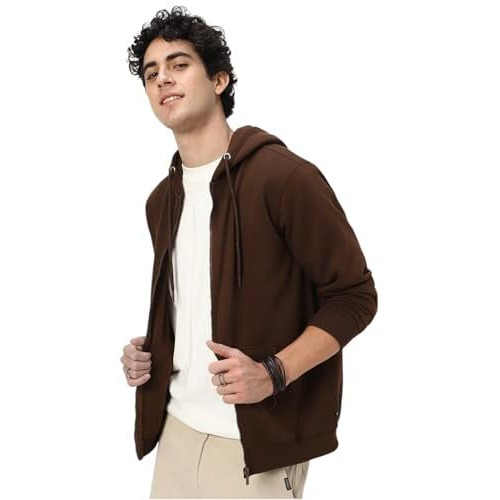 Neostreak Men's Fleece Neck Hooded Regular Fit Sweatshirt (neoswtsolhdzip-03-chkbro-l_Chocolate Brown_Large)
