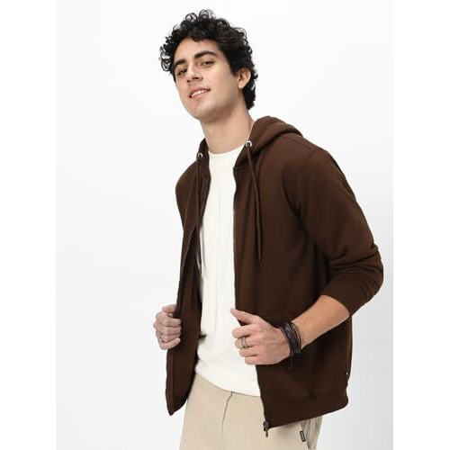 Neostreak Men's Fleece Neck Hooded Regular Fit Sweatshirt (neoswtsolhdzip-03-chkbro-l_Chocolate Brown_Large)
