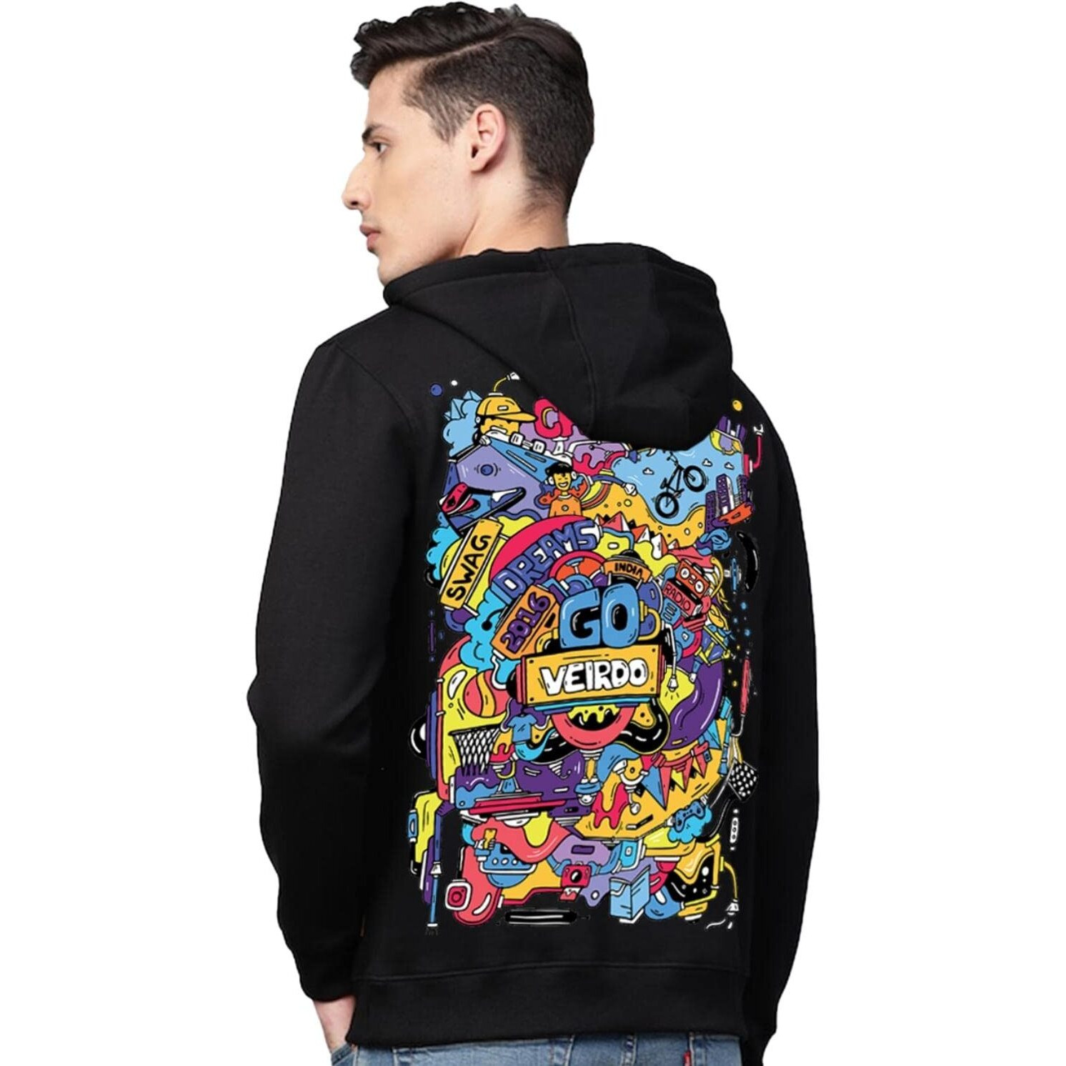Veirdo Cotton Fleece Regular Fit Hooded Sweatshirt Full Sleeves Doodle Graphic Printed Jumper Sweatshirt for Men/Boys Black