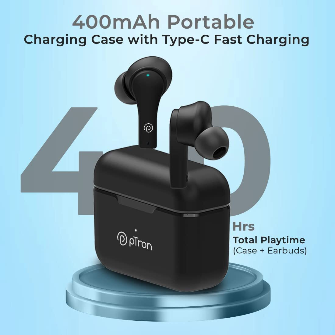 pTron Bassbuds Tango In-Ear TWS Earbuds, TruTalk AI-ENC Calls, Movie Mode, 40Hrs Playtime, Bluetooth 5.1 Headphone with HD Mics, Touch Control, IPX4 Water-Resistant & Type-C Fast Charging (Bold Black)