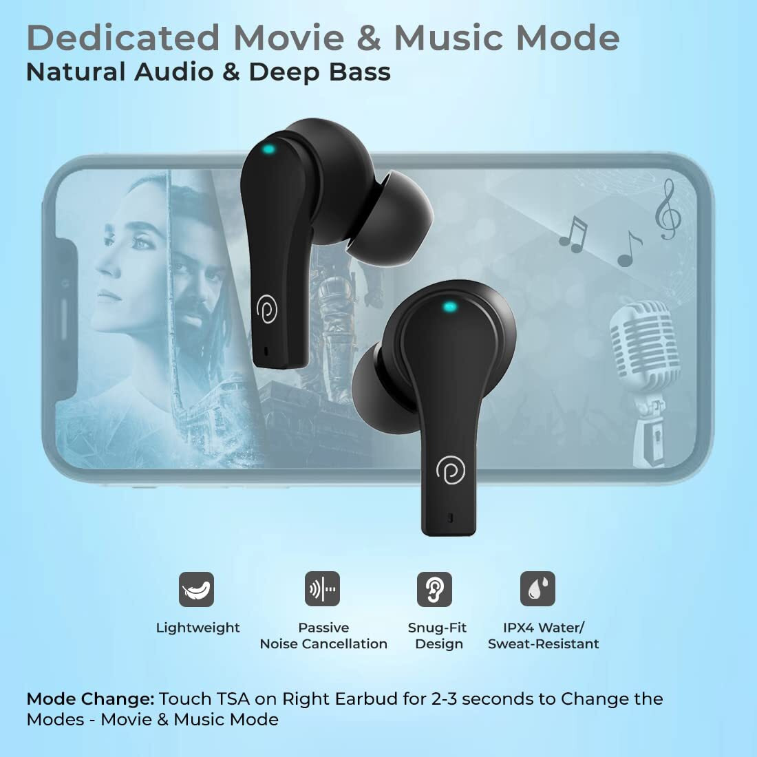 pTron Bassbuds Tango In-Ear TWS Earbuds, TruTalk AI-ENC Calls, Movie Mode, 40Hrs Playtime, Bluetooth 5.1 Headphone with HD Mics, Touch Control, IPX4 Water-Resistant & Type-C Fast Charging (Bold Black)