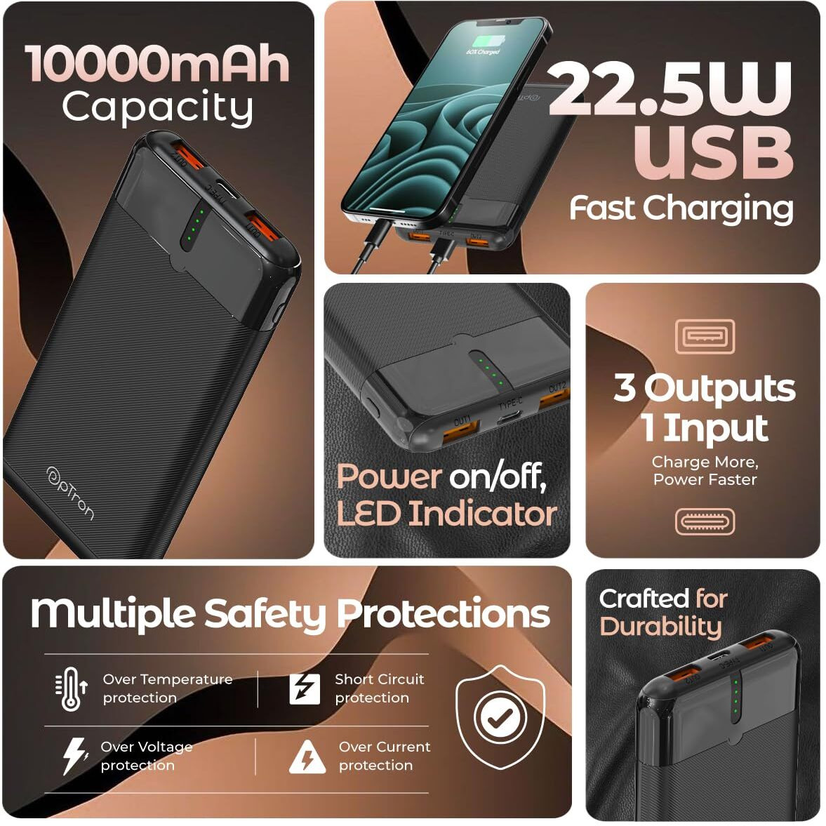 pTron Newly Launched Dynamo Nergy 10000mAh 22.5W Fast Charging Power Bank, Supports VOOC/Wrap/Dash USB Charging, 20W PD Fast Charging, 3 Outputs, 1 Input & Multiple Layers of Protection (Black)