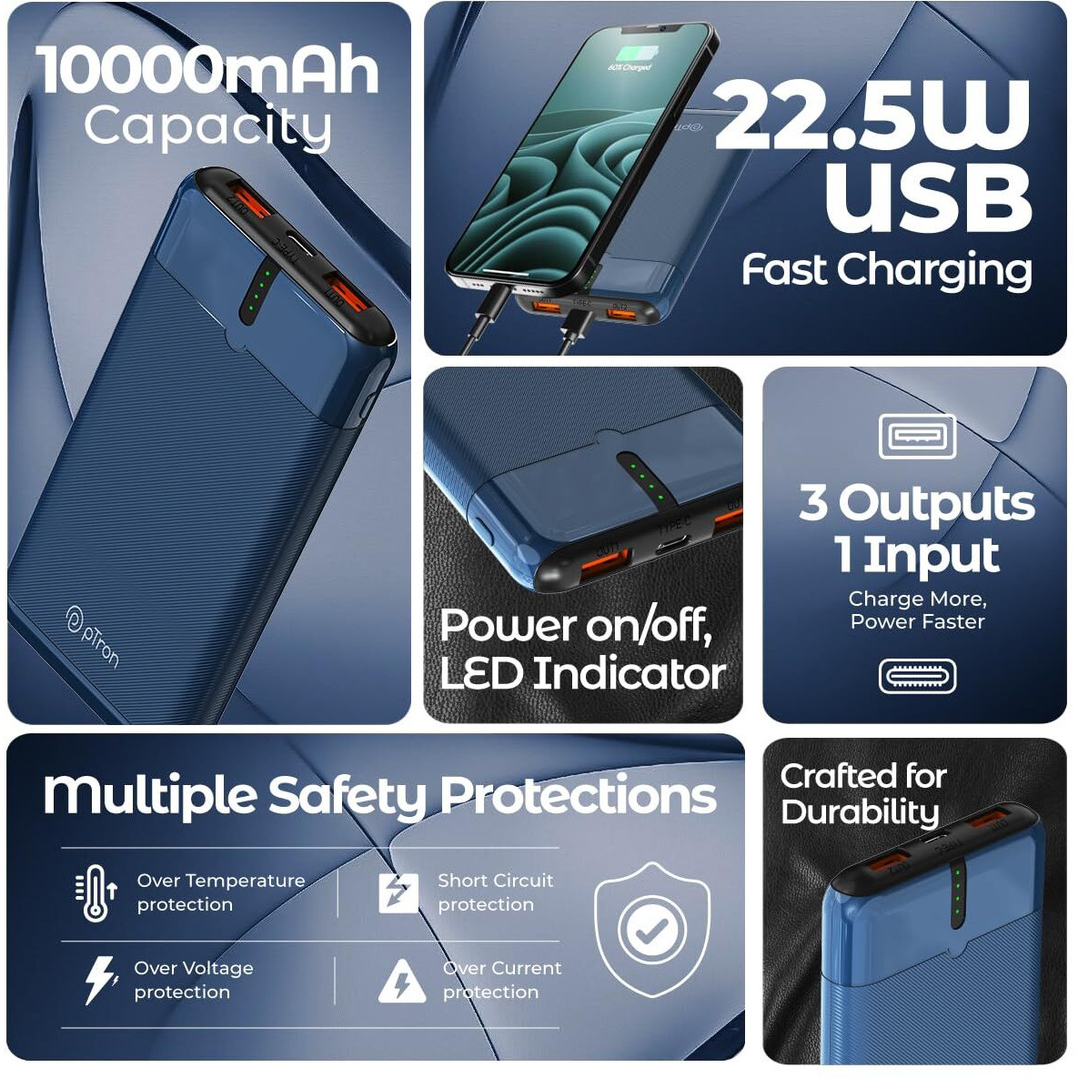 pTron Newly Launched Dynamo Nergy 10000mAh 22.5W Fast Charging Power Bank, Supports VOOC/Wrap/Dash USB Charging, 20W PD Fast Charging, 3 Outputs, 1 Input & Multiple Layers of Protection (Blue)