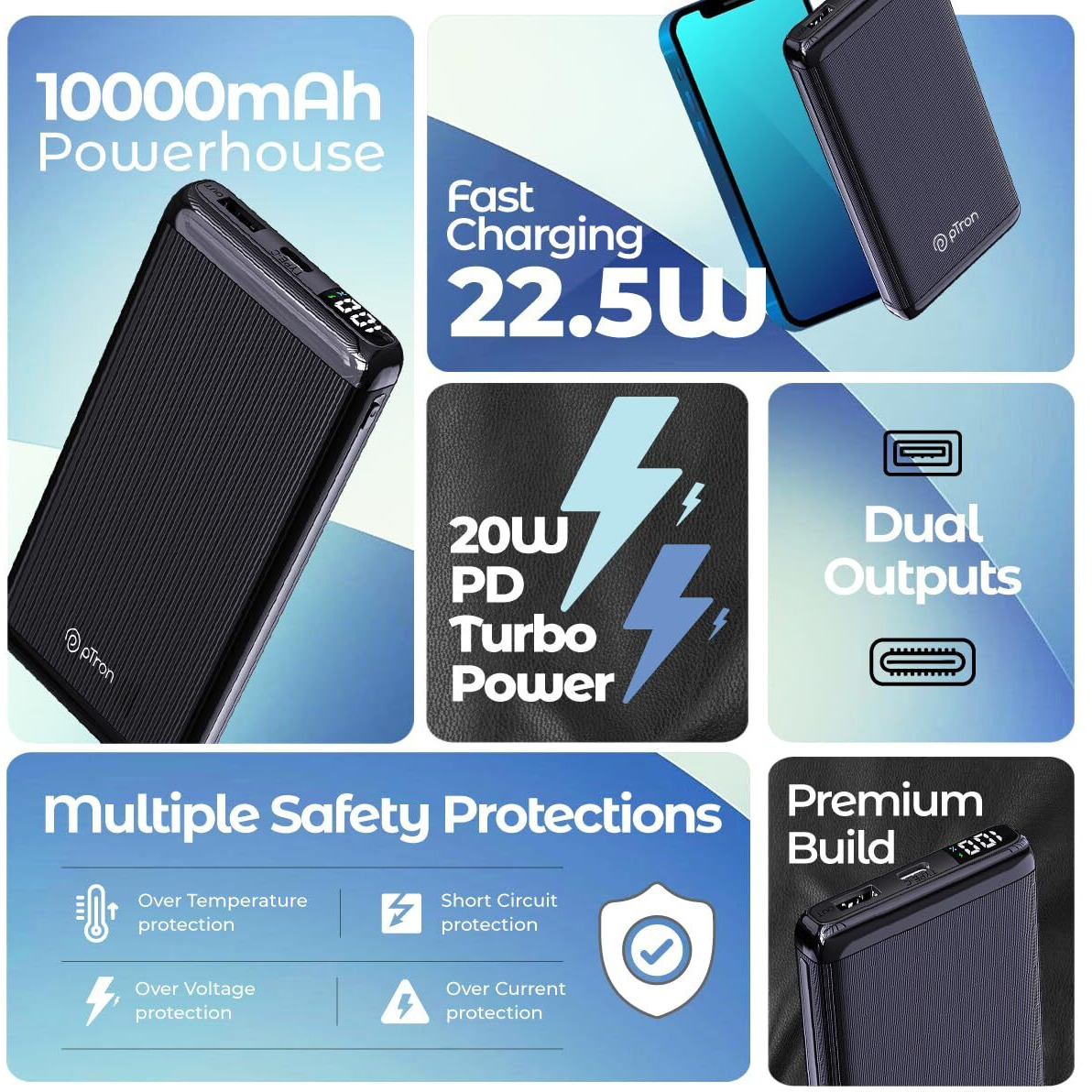 pTron Dynamo Vortex 10000mAh 22.5W Fast Charging Power Bank, 20W PD Fast Charging, Supports Xiamo, Redmi, Samsung,iPhone, Oneplus, Oppo, 2 Outputs & 1 Input & Multiple Layers of Protection (Black)