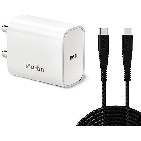URBN 20W Type C Pd Charger with Type C to C Cable-50% Charge in 30 Mins|Ultra Compact Wall Adapter|Fast Charging for iPhone, Ipads, Airpods, Android Phones|Bis Certified|Made in India, White