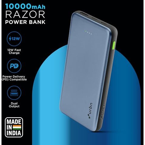 URBN Power Bank 10,000mAh - Ultra Slim, 22.5W Two Way Fast Charging, Triple Output, Dual Type C PD, 12 Layers Circuit Protection, BIS Certified, 6 Months Warranty Free Type C Cable - Blue
