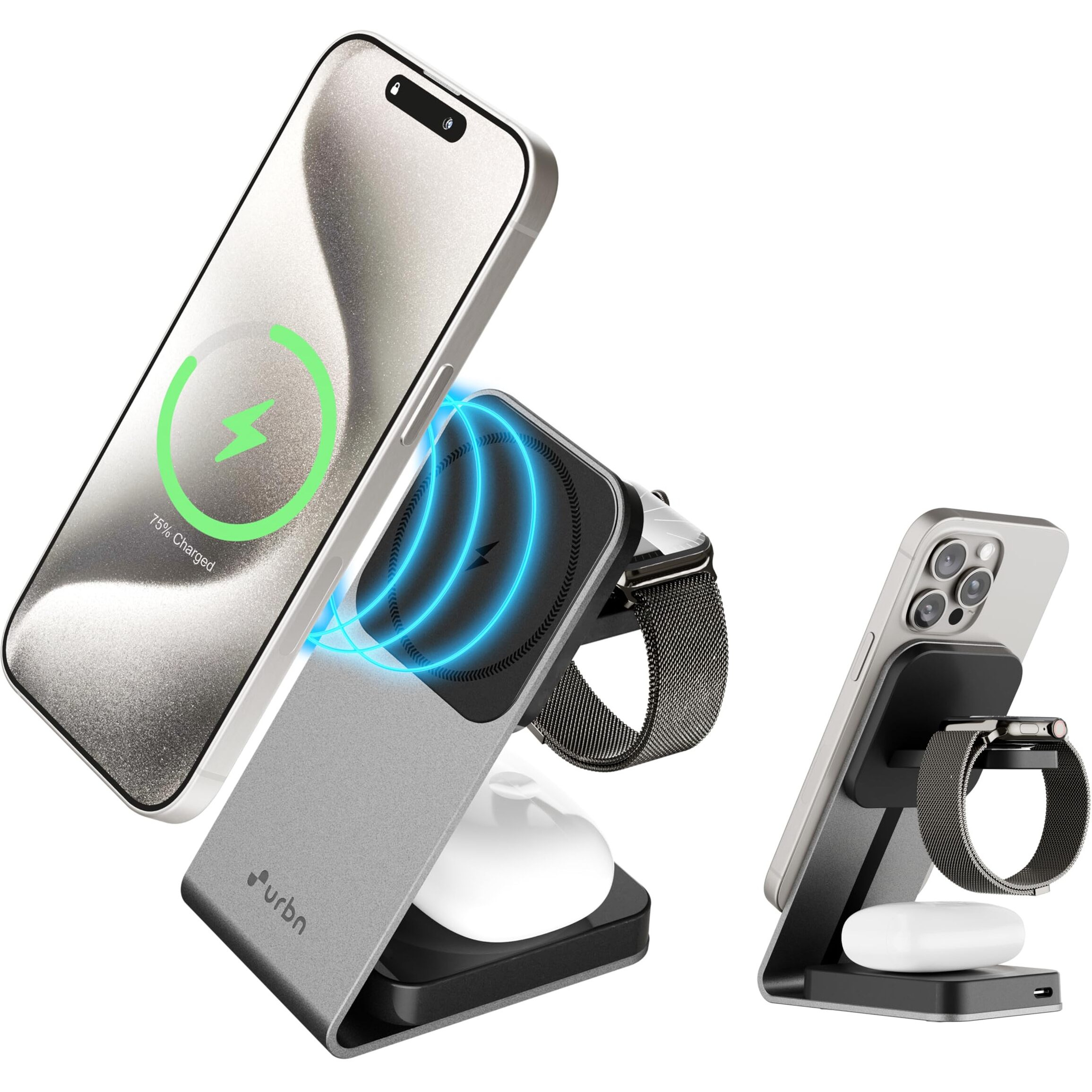 URBN Wireless Charger 3 in 1 Magnetic MagSafe Charging Metal Stand for Apple iWatch, Airpods & iPhone 16/16 Pro / 16 Plus 15/15 Plus/15 Pro/15 Pro Max and Other Qi Supported Wireless Smartphones
