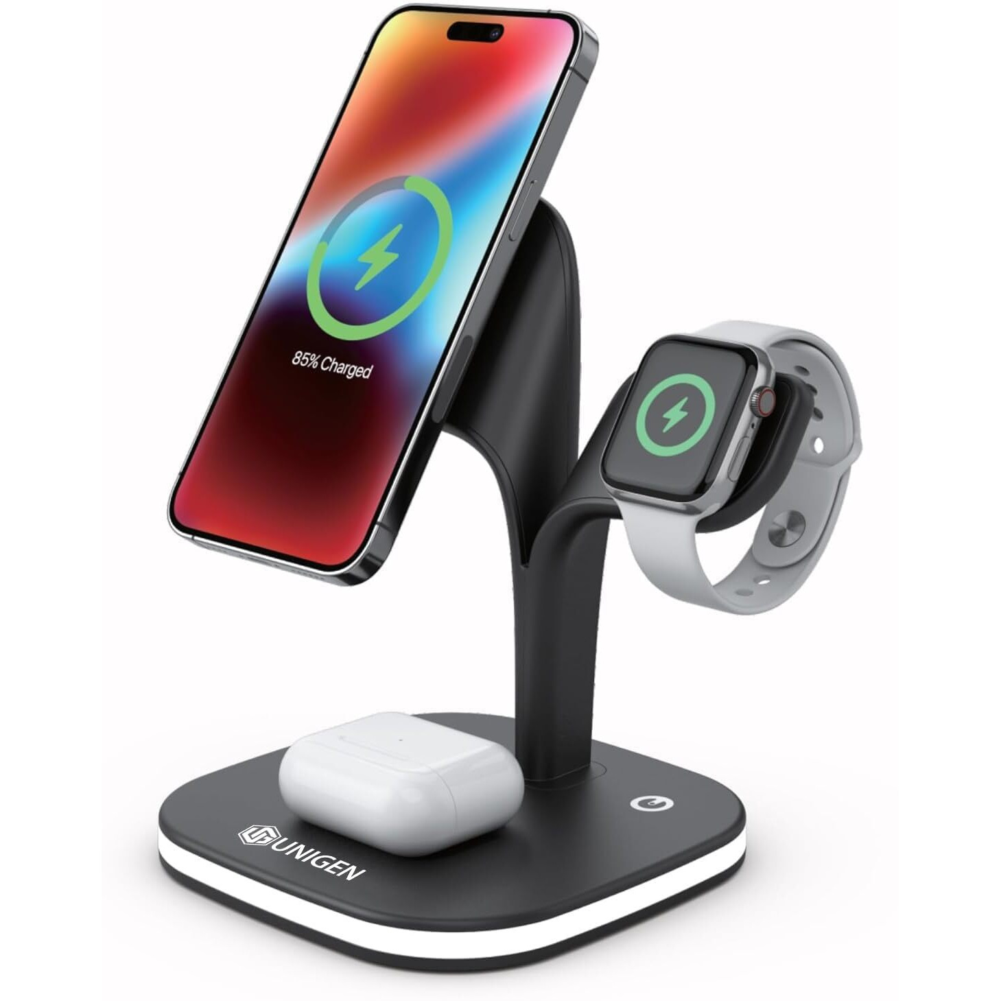 UNIGEN MAGTEC 500 4in1 23W Foldable Mag-Safe Charger for iPhone 16/16 Plus/16 Pro/16 Pro Max,15/15 Plus/15 Pro/15 Pro Max,14/13/12 Series, AirPods 3rd/2nd, Series 9/8/7/6/5/4/SE LED Lamp-Black