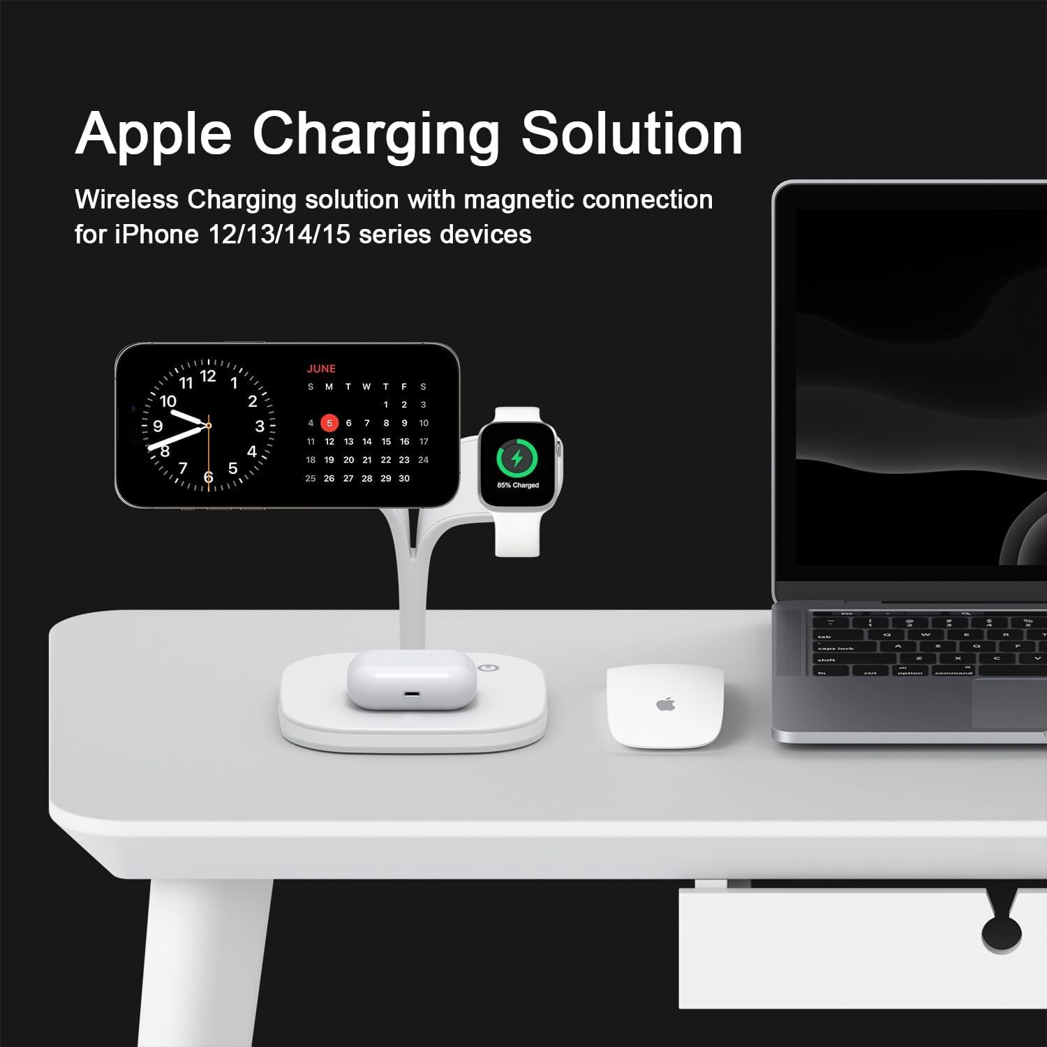 UNIGEN MAGTEC 500 4in1 23W Foldable Mag-Safe Charger for iPhone 16/16 Plus/16 Pro/16 Pro Max,15/15 Plus/15 Pro/15 Pro Max,14/13/12 Series, AirPods 3rd/2nd, Series 9/8/7/6/5/4/SE LED Lamp-White