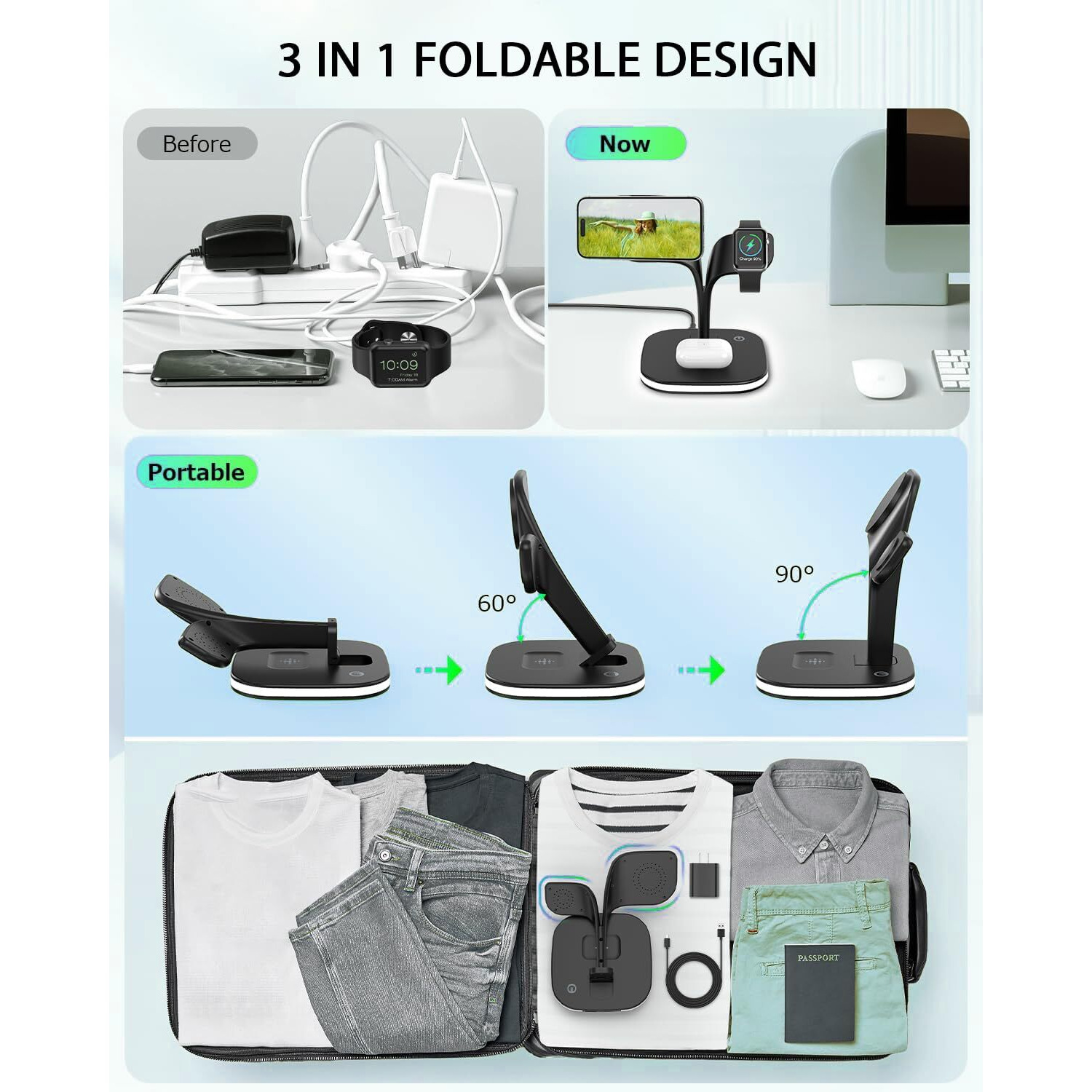 UNIGEN MAGTEC 500 4in1 23W Foldable Mag-Safe Charger [With Adapter] for iPhone 16/16 Plus/16 Pro/16 Pro Max15/15 Plus/15 Pro/15 Pro Max,14/13/12, AirPods 3rd/2nd, Series 9/8/7/6/5/4/SE LED Lamp-Black