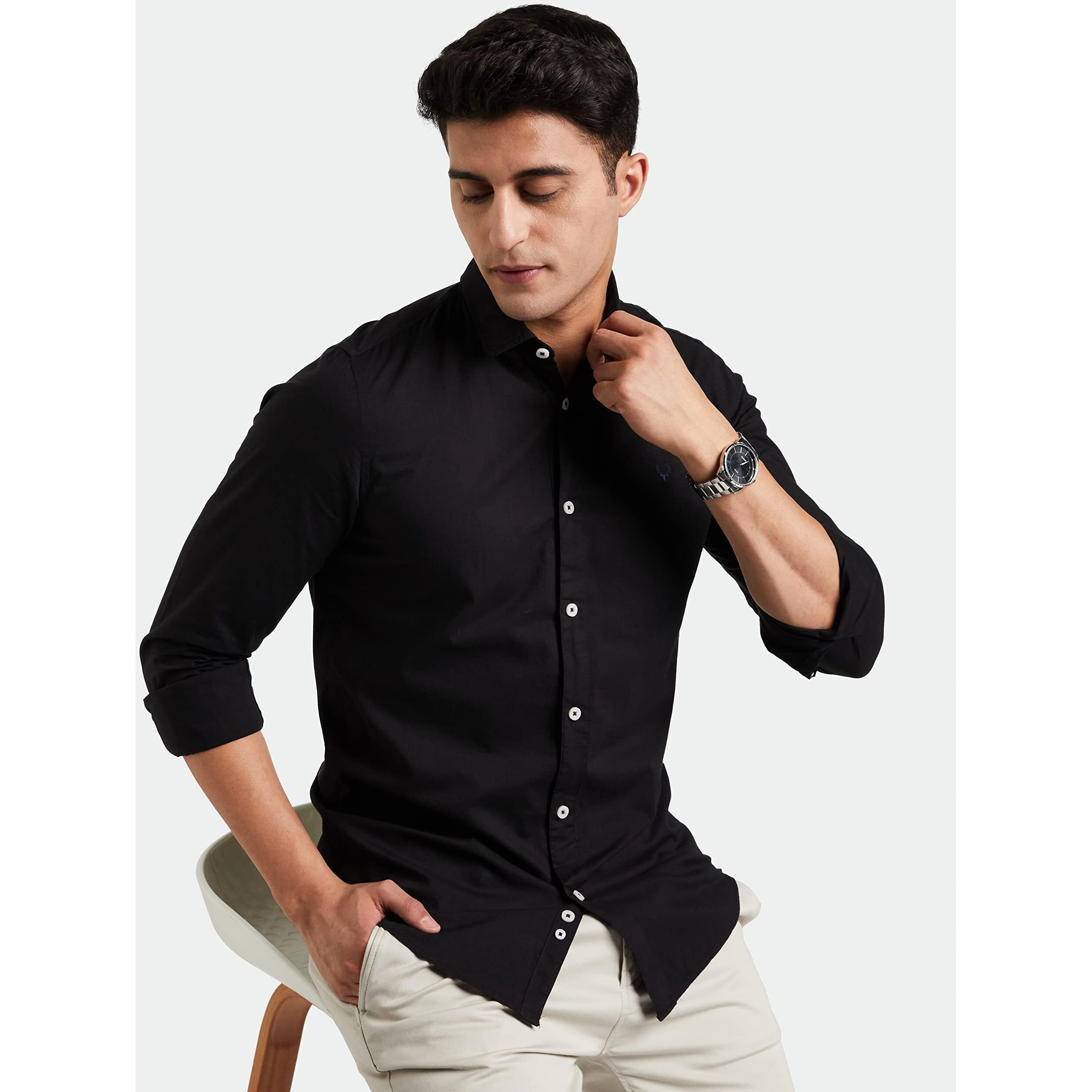 Allen Solly Men's Solid Slim Fit Shirt (ASSFWMOF780560_Black 42)