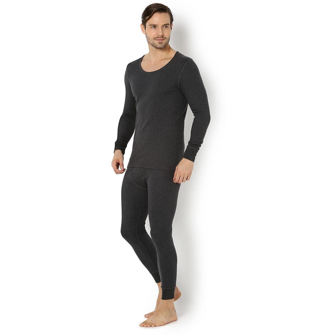 Van Heusen Men Thermal Skinny Fit Top-Cotton Viscose Blend-Anti Bacterial, Low Neck, Full Sleeve_71002_Charcoal Melange_Xl, Grey