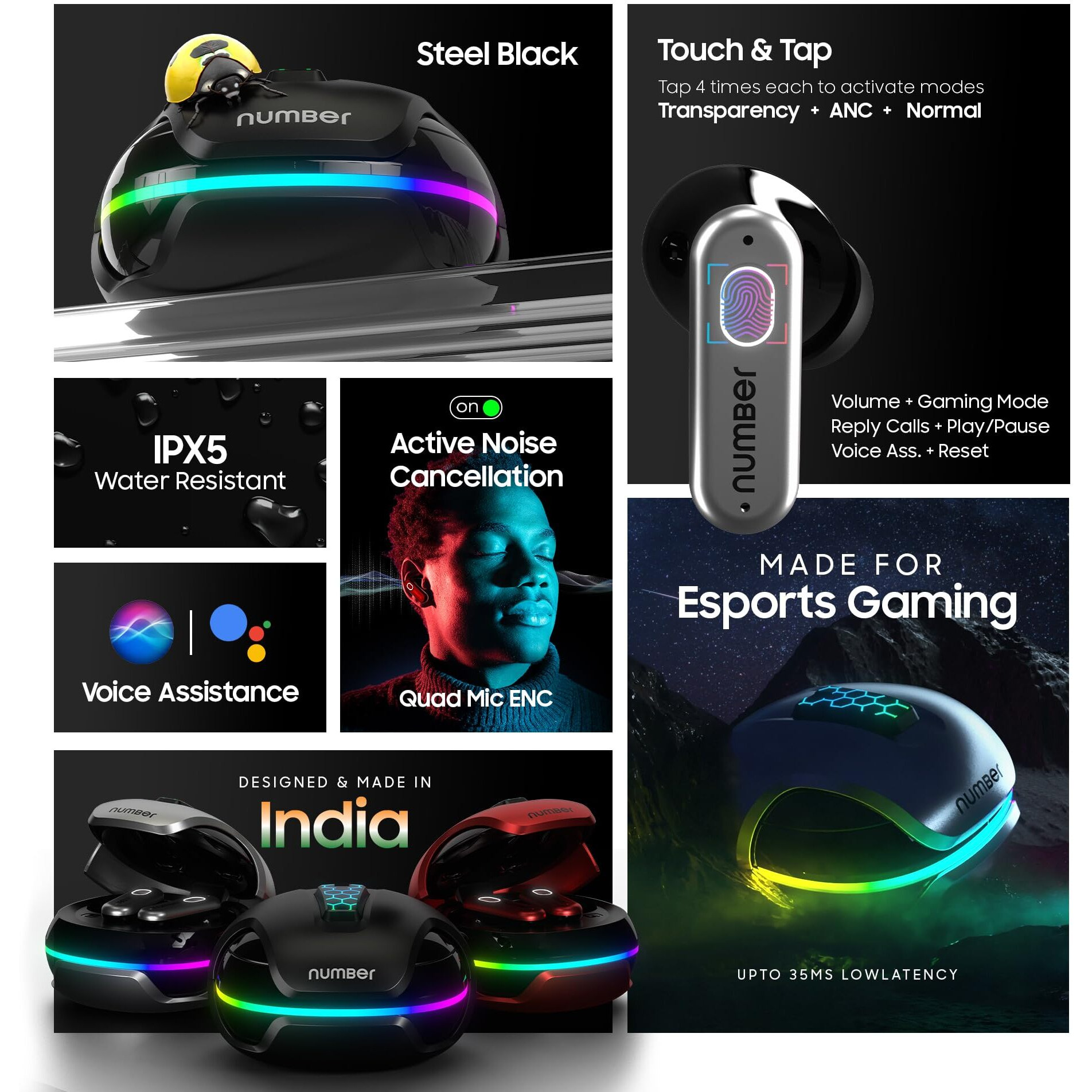 numBer Super Buds 999 ANC Truly Wireless in Ear Earbuds with 40db Active Noise Cancellation, 55H Playtime, Dual Pairing Ear Buds, 35ms Low Latency, 12.4mm Speakers, 4Mic ENC, BT5.3, IPX5 (Steel Black)