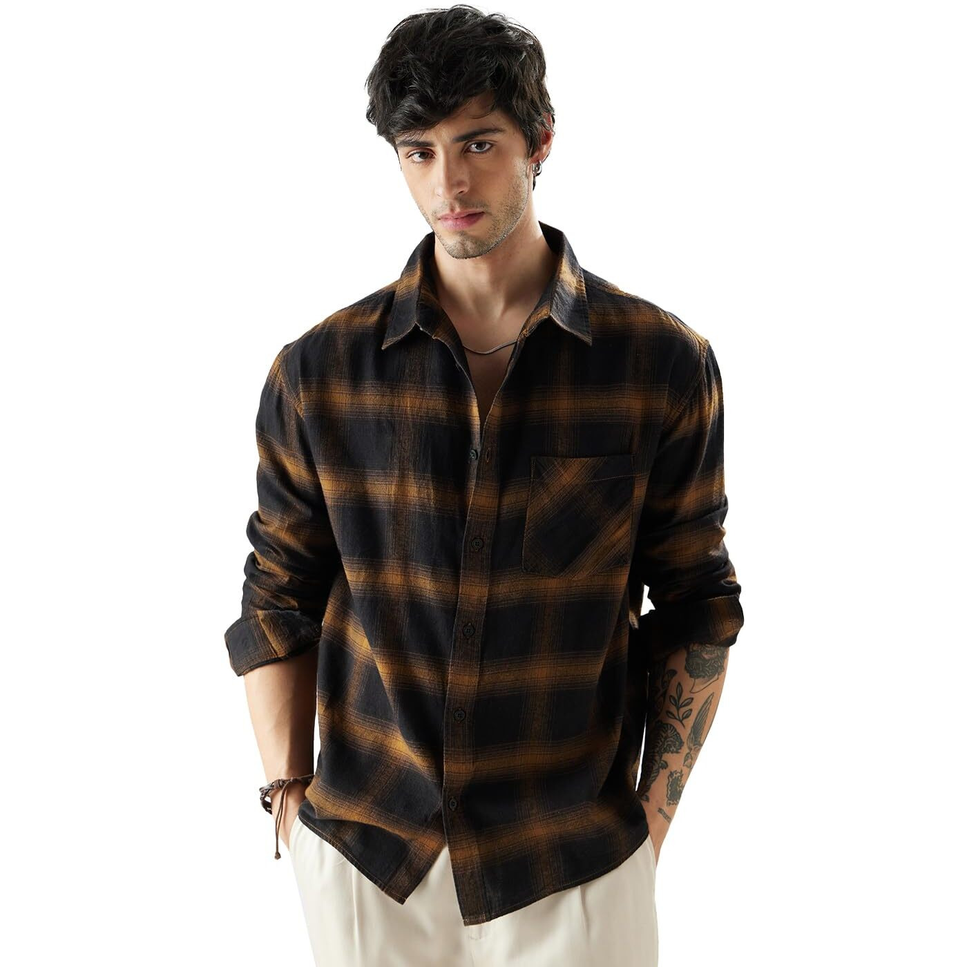 The Souled Store Plaid Brown Mustard and Black Men Relaxed Shirts